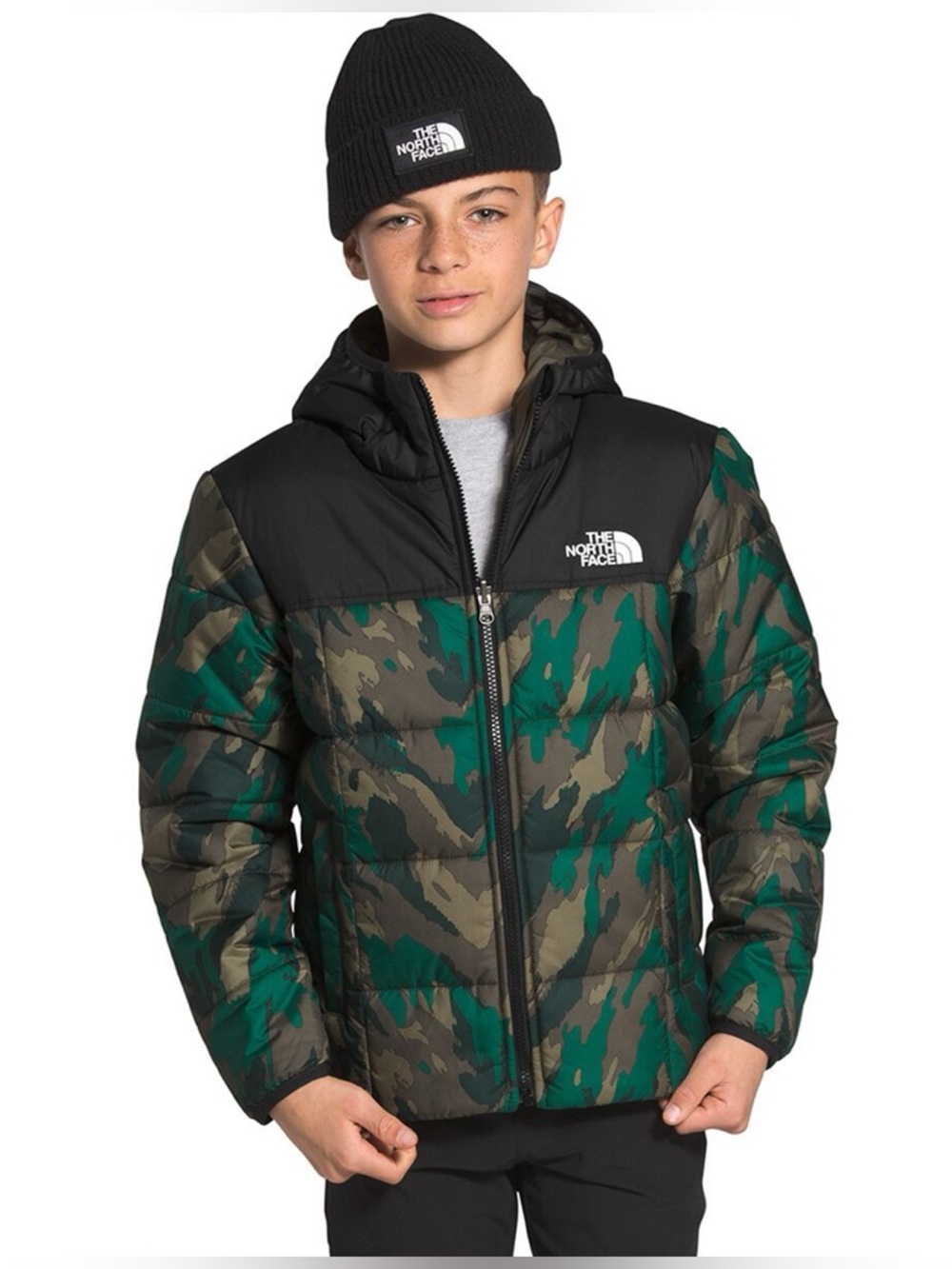 North Face Reversible Perrito Jacket - Boys' in Evergreen Camo - Picture 4 of 11